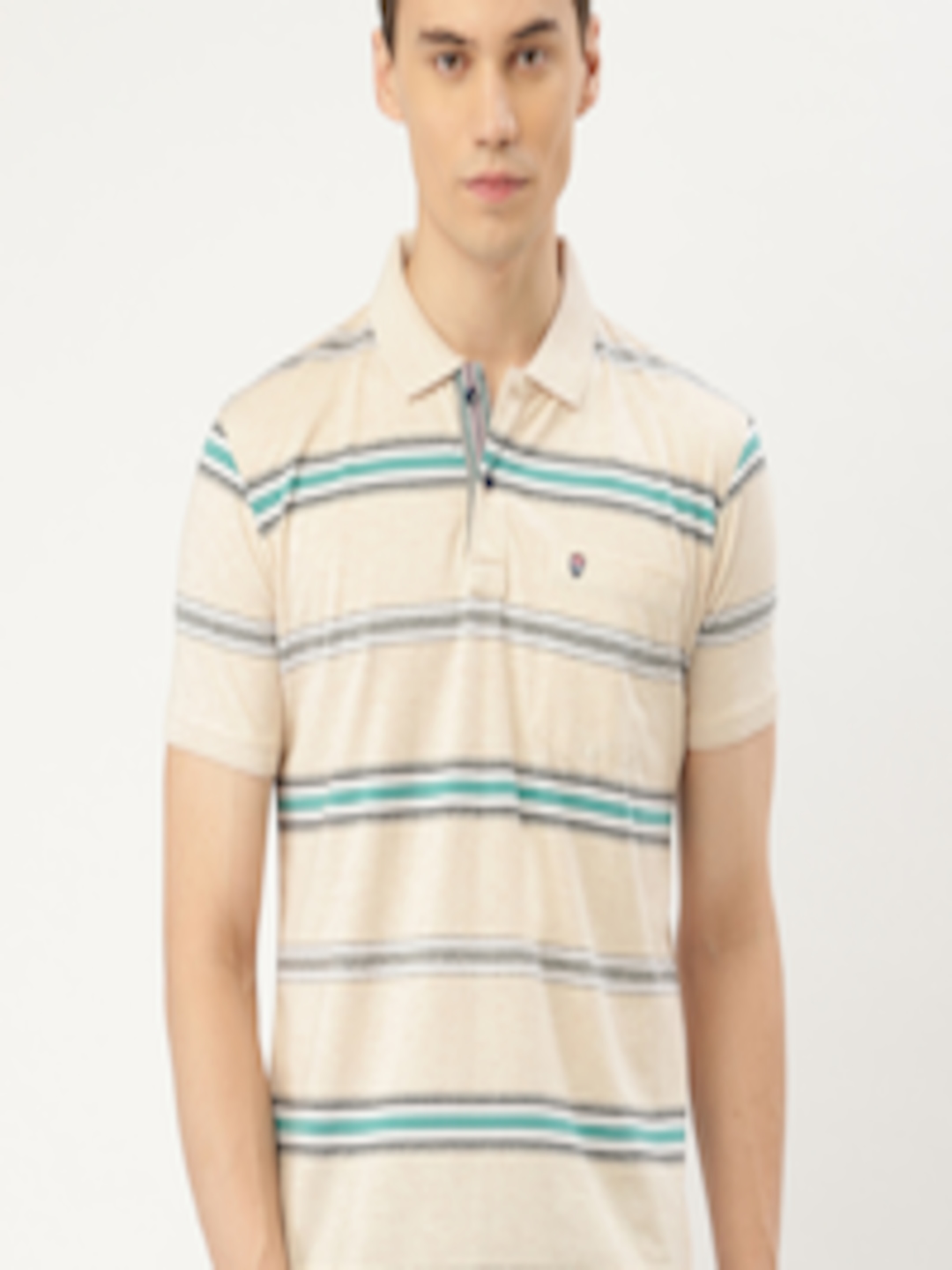 Buy Duke Men Cream Coloured & Blue Striped Polo Collar T Shirt ...