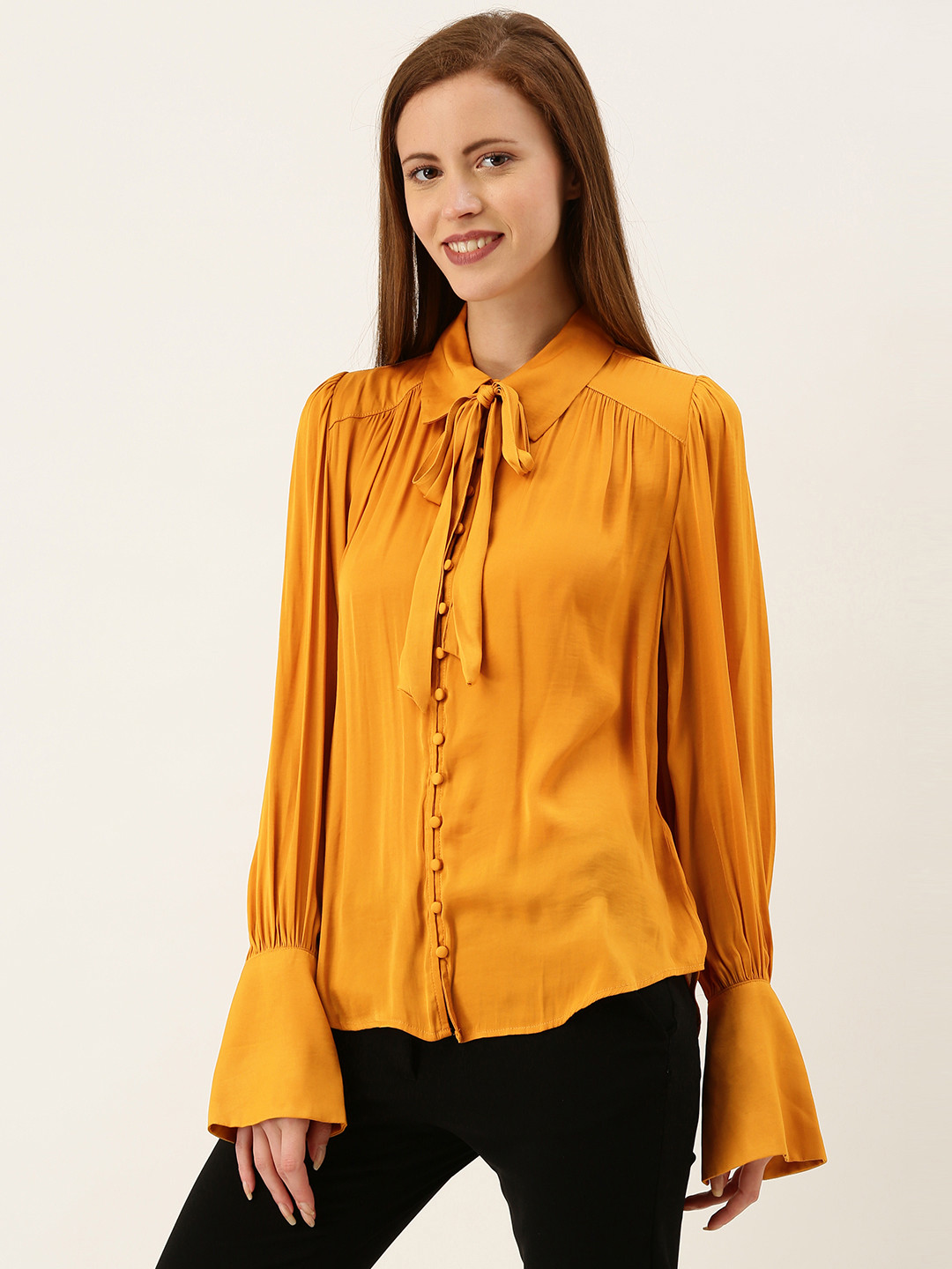 Buy FOREVER 21 Women Mustard Yellow Regular Fit Solid Casual Shirt With
