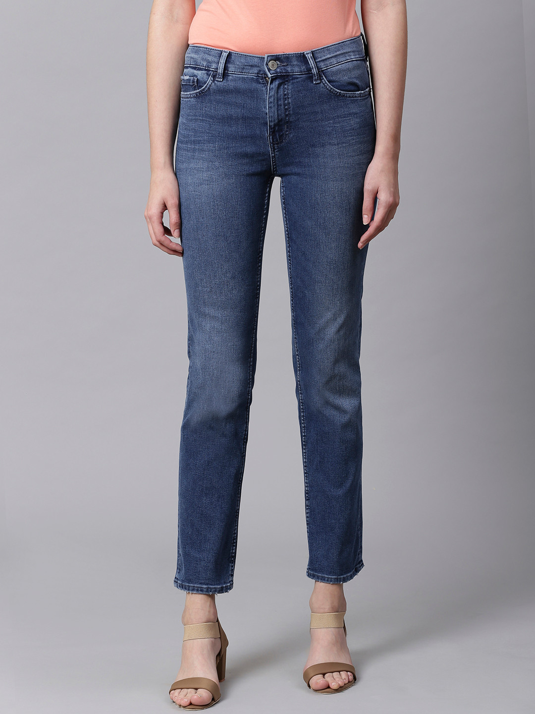 Buy Marks & Spencer Women Blue Straight Fit Mid Rise Clean Look