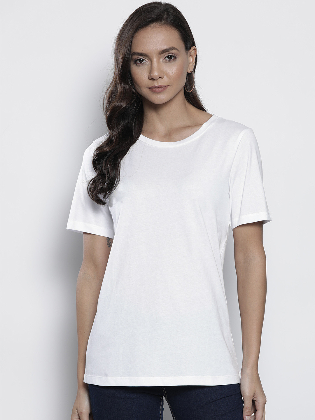Buy Marks & Spencer Women White Straight Fit Solid Round Neck T Shirt