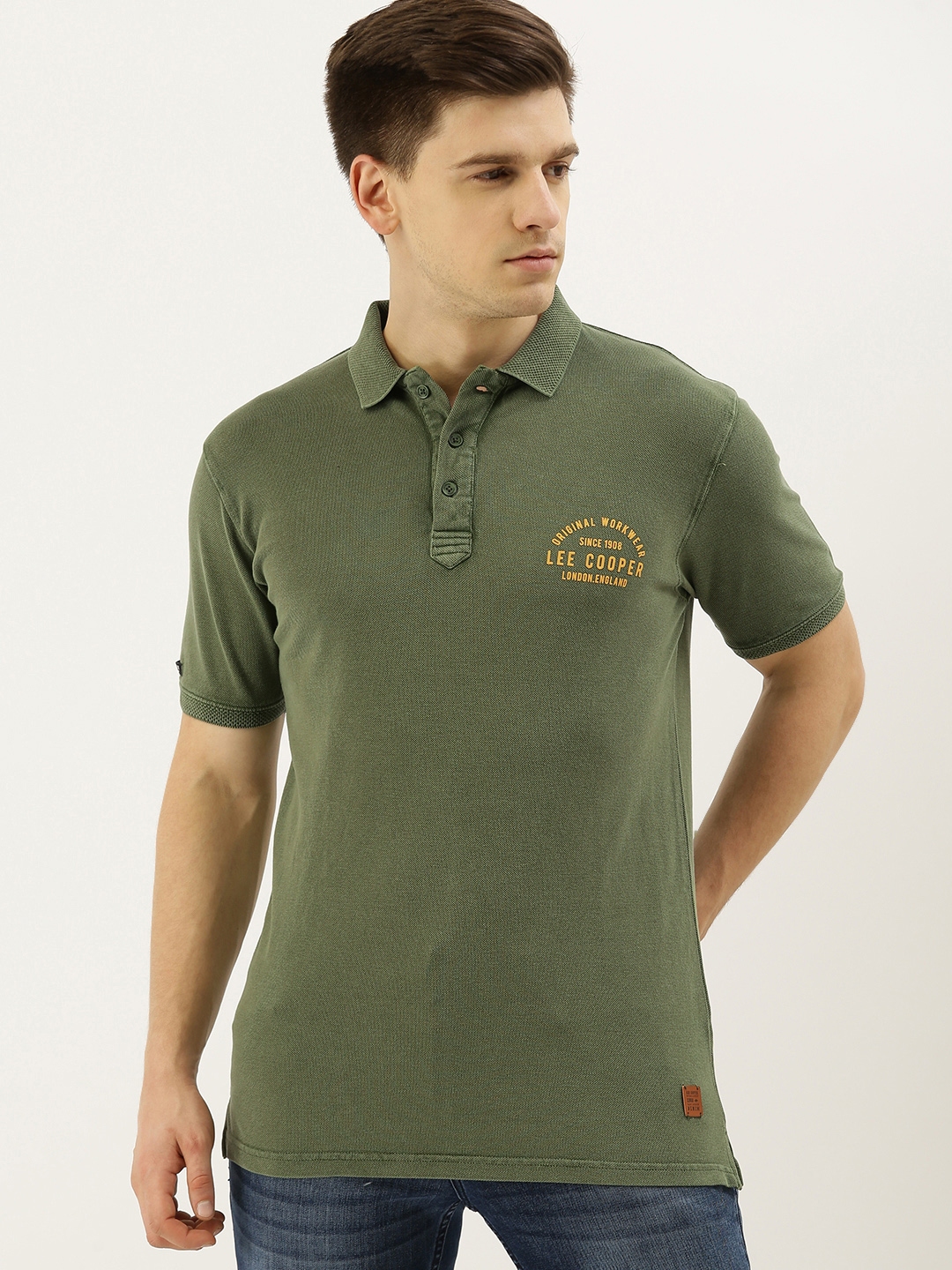 Buy Lee Cooper Men Olive Green Solid Polo Collar Pure Cotton T Shirt ...