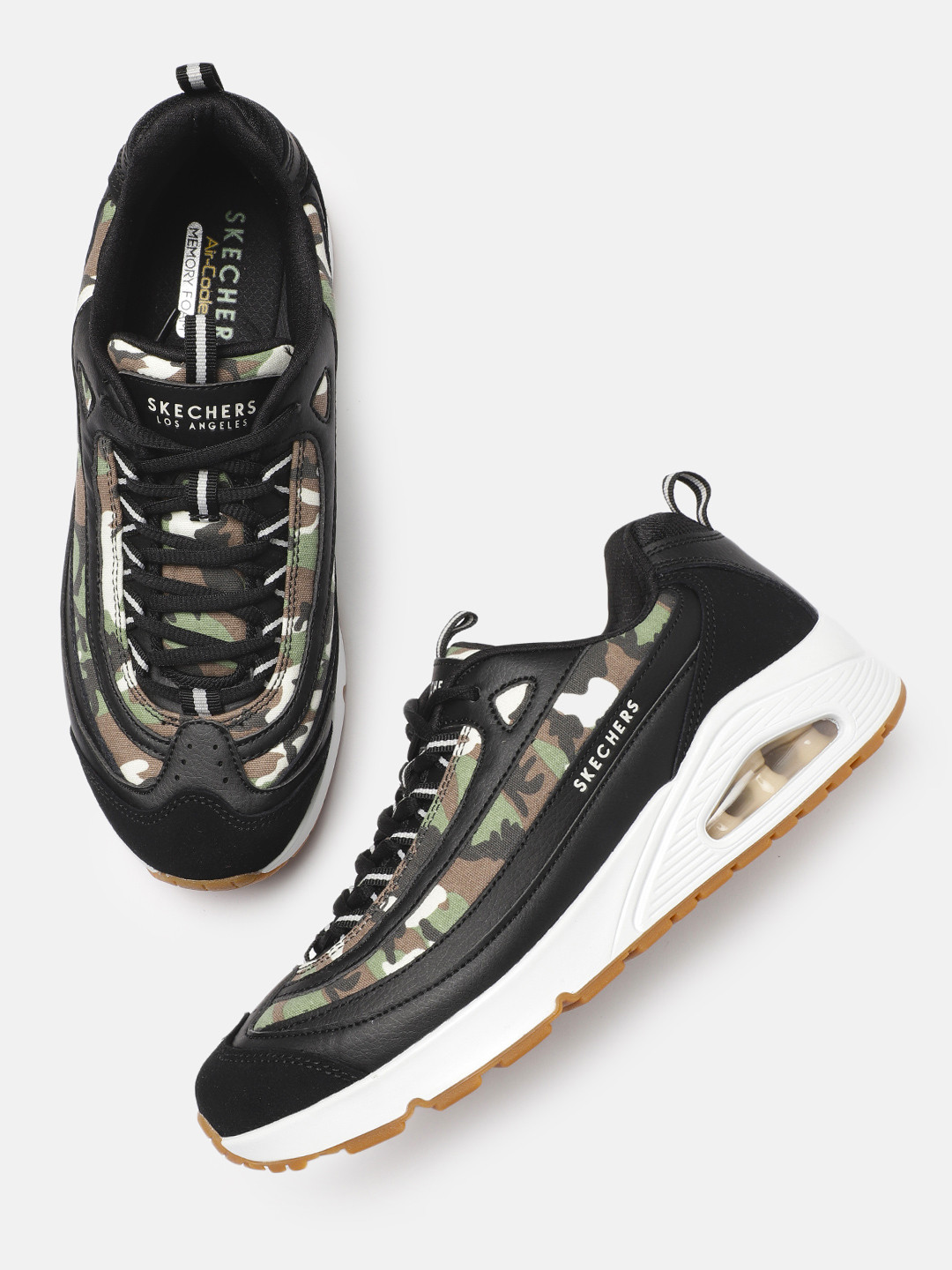 Buy Skechers Men Black & Olive Green Camouflage Printed UNO Sneakers