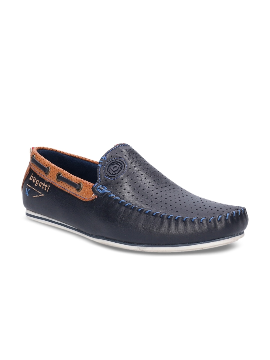Buy Bugatti Men Navy Blue Perforated Leather Loafers - Casual Shoes for ...