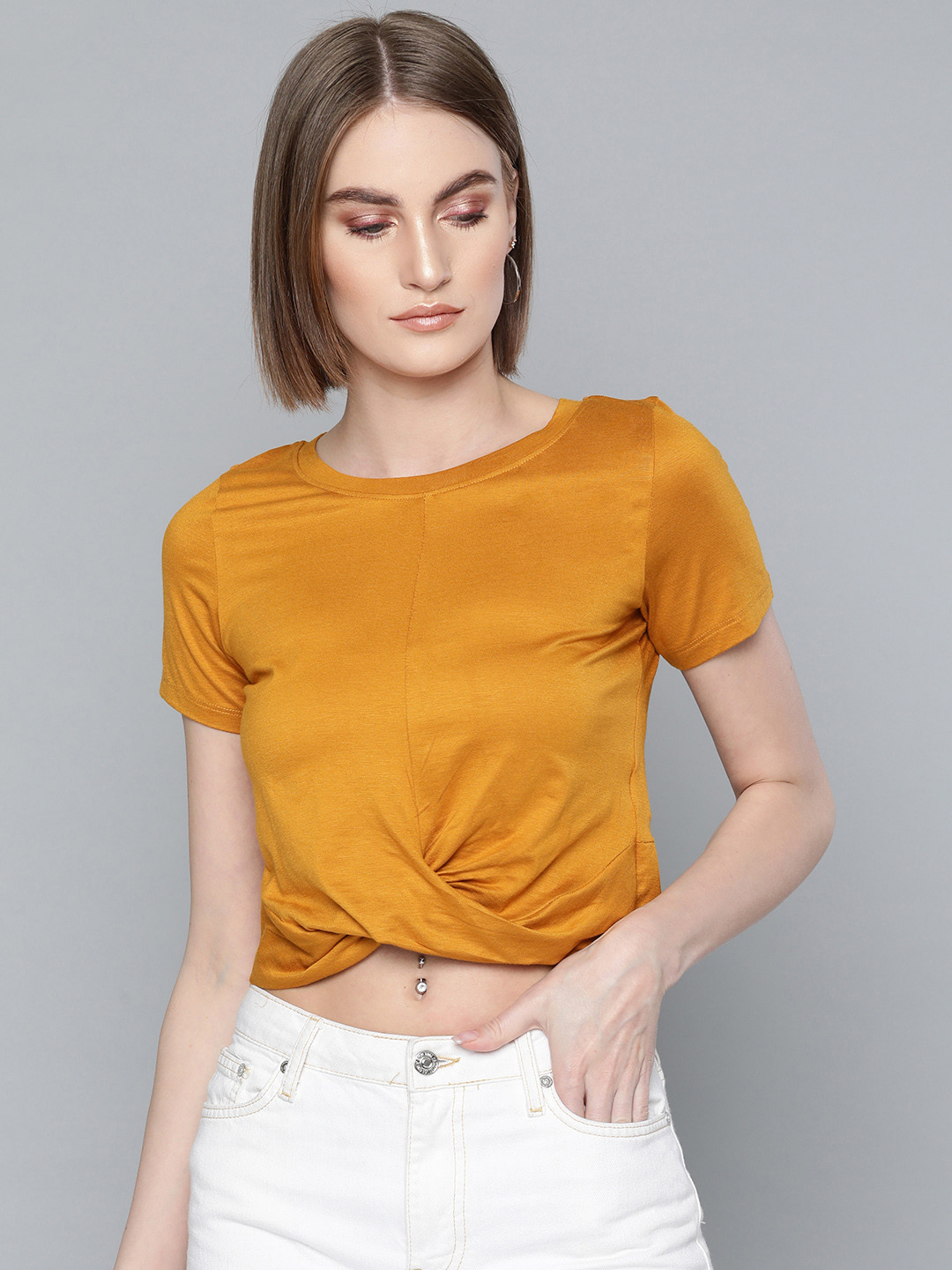 Buy VividArtsy Women Mustard Yellow Solid Twisted Crop Top Tops for