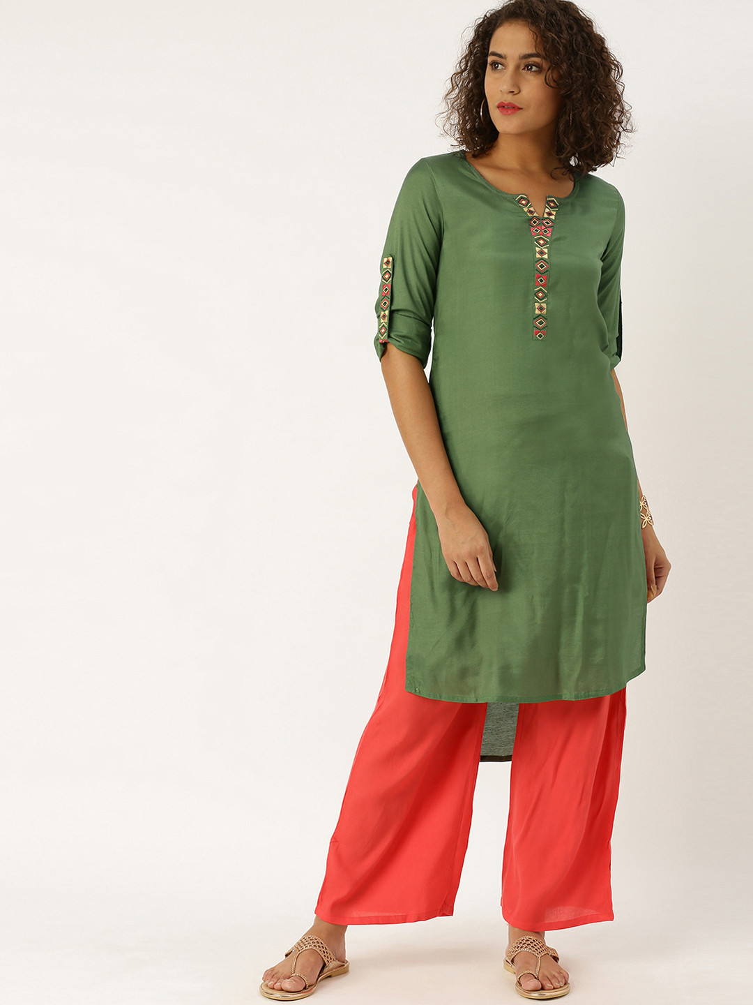 Buy Jaipur Kurti Women Olive Green Solid Straight High Low Kurta With