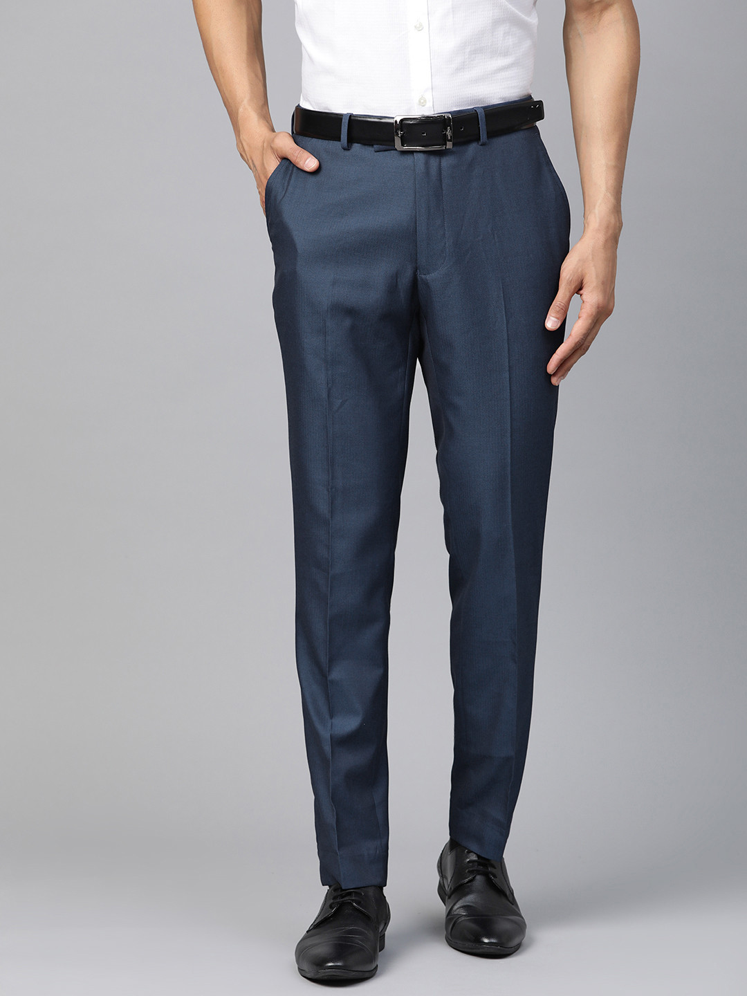 Buy Marks & Spencer Men Navy Blue Self Design Formal Trousers ...