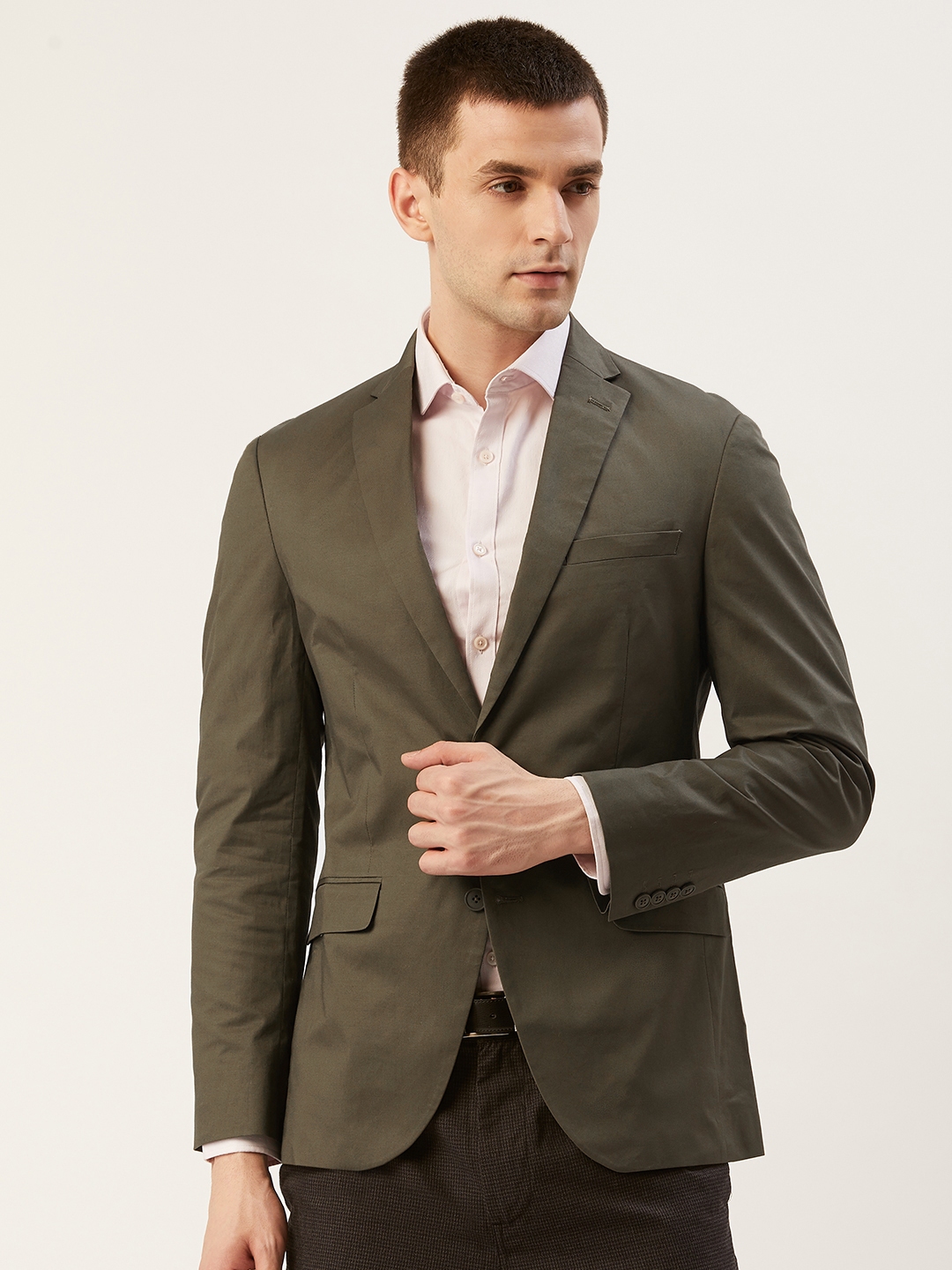Buy Marks & Spencer Men Olive Green Solid Slim Fit Single Breasted