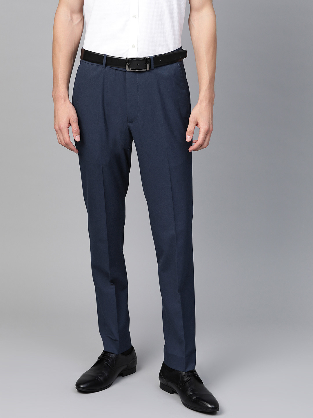 Buy Marks & Spencer Men Navy Blue Slim Fit Solid Formal Trousers ...
