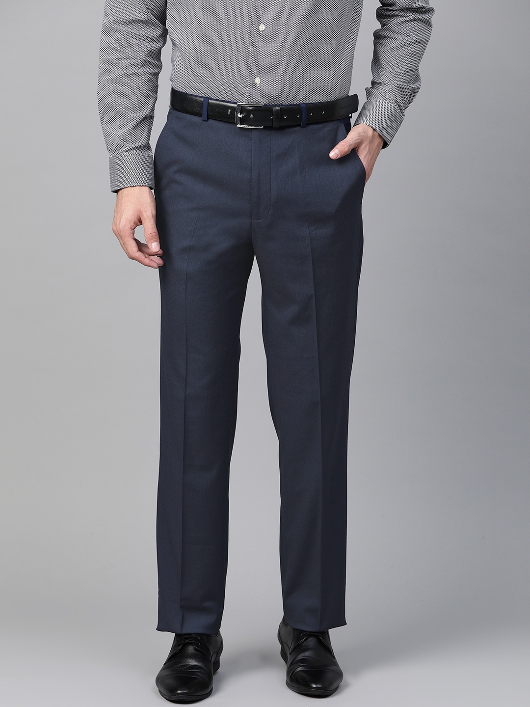 Buy Marks & Spencer Men Navy Blue Regular Fit Solid Formal Trousers ...