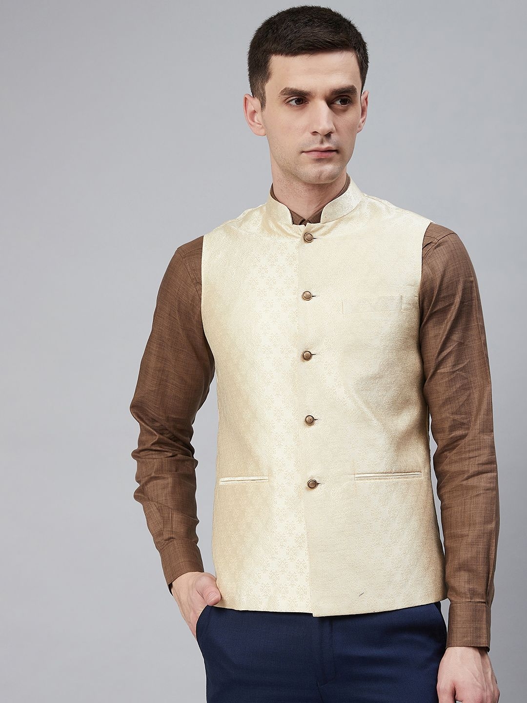 Buy Shaftesbury London Men Cream Coloured Woven Design Nehru Jacket