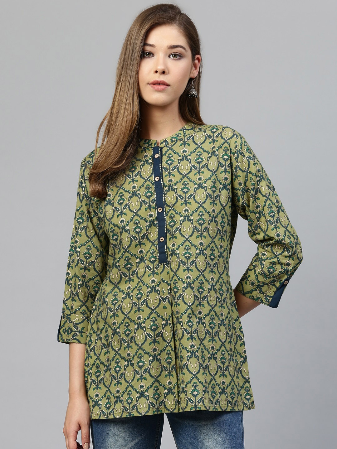 Buy Silai Bunai Women Green & Navy Printed Pure Cotton Straight Kurti ...