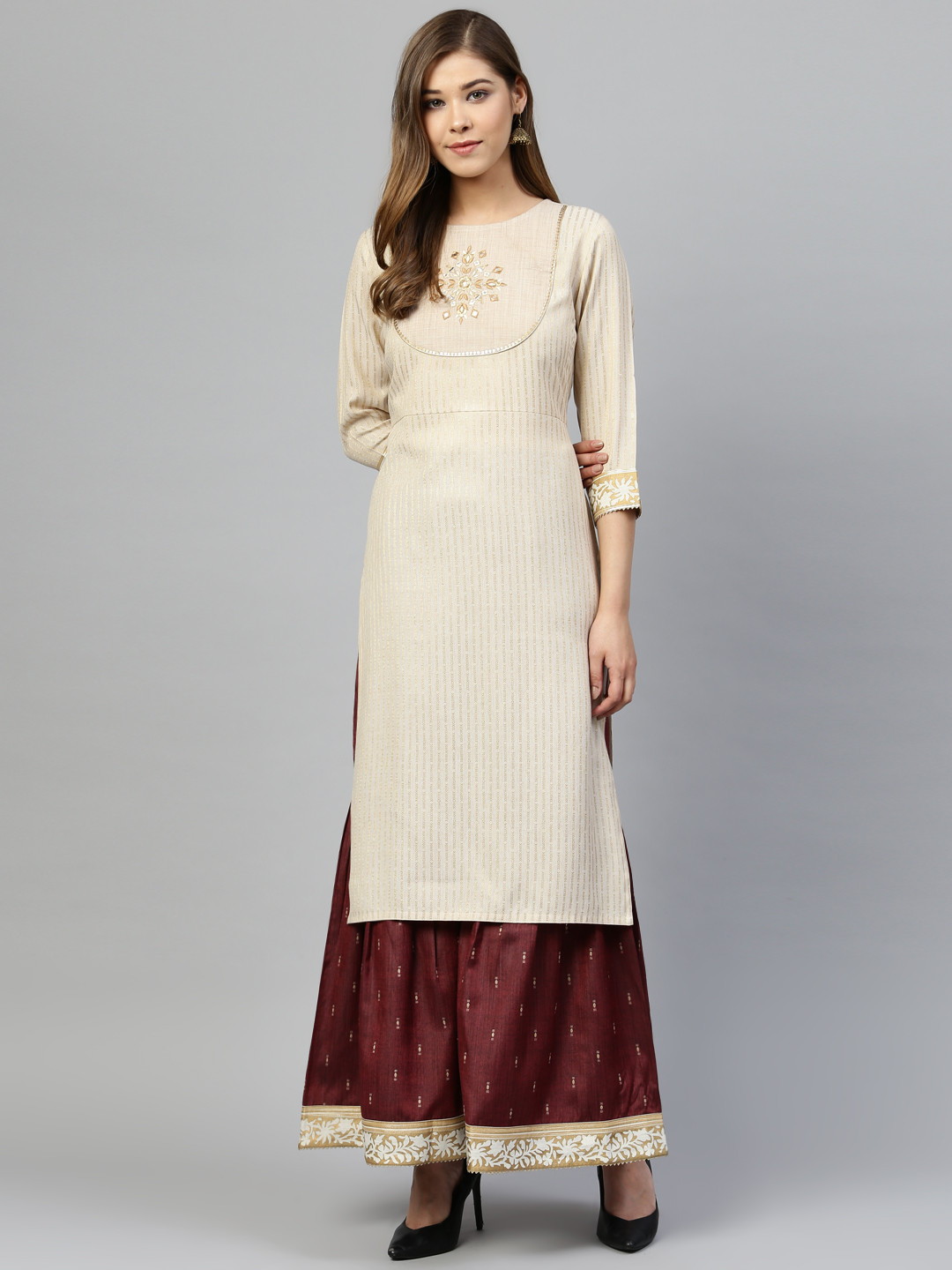 Buy Silai Bunai Women Beige & Maroon Self Striped Kurta With Sharara