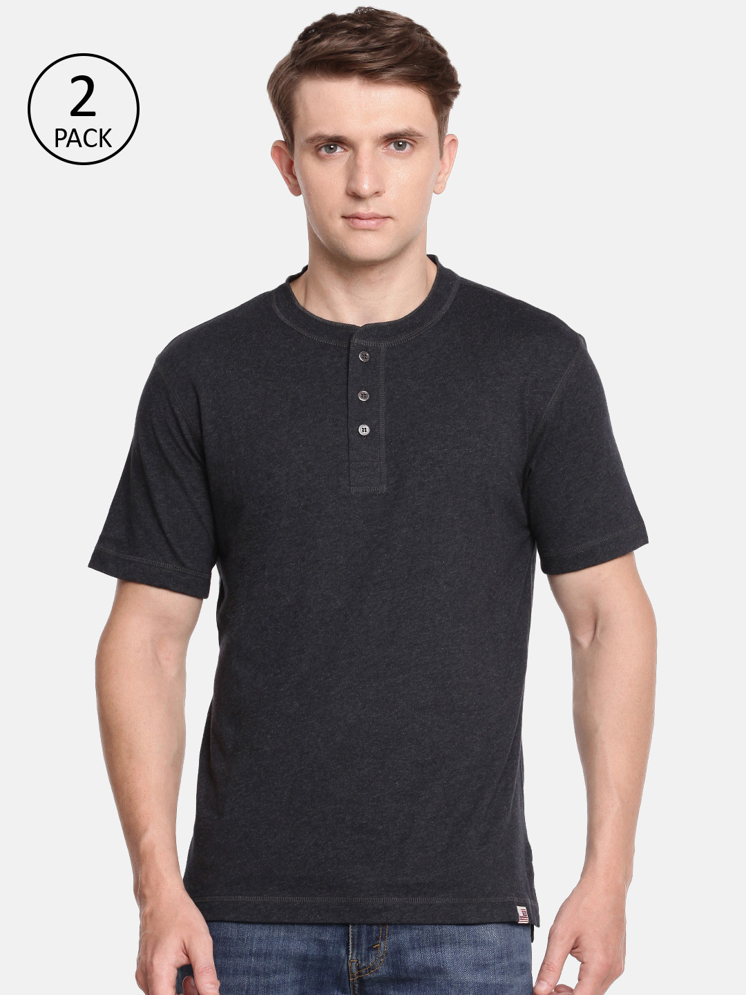Buy Jockey Men Pack Of 2 Black Solid Henley Neck Pure Cotton T Shirts ...