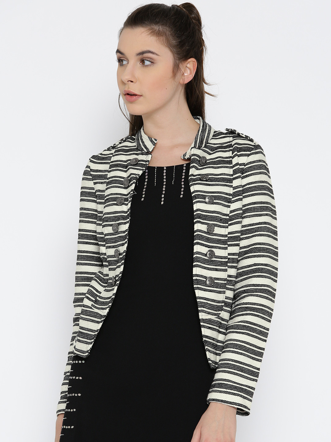 Buy ONLY Black & White Striped Jacket Jackets for Women 1164472 Myntra