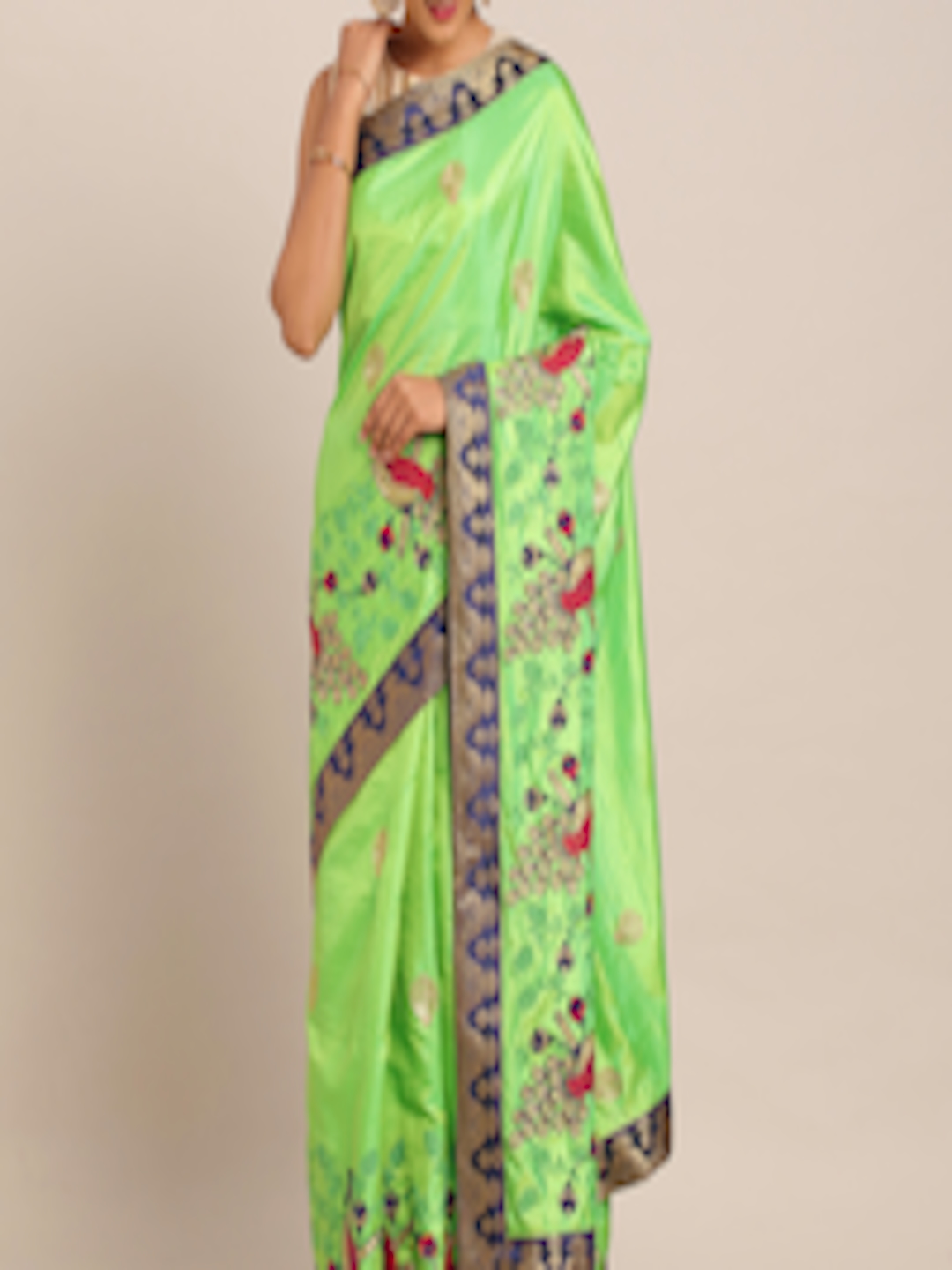 Buy KALINI Fluorescent Green & Gold Toned Silk Blend Embroidered Saree ...