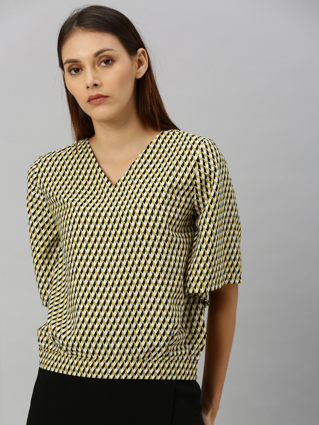 Buy HERE&NOW Women Mustard Yellow And Black Printed Blouson Top Tops