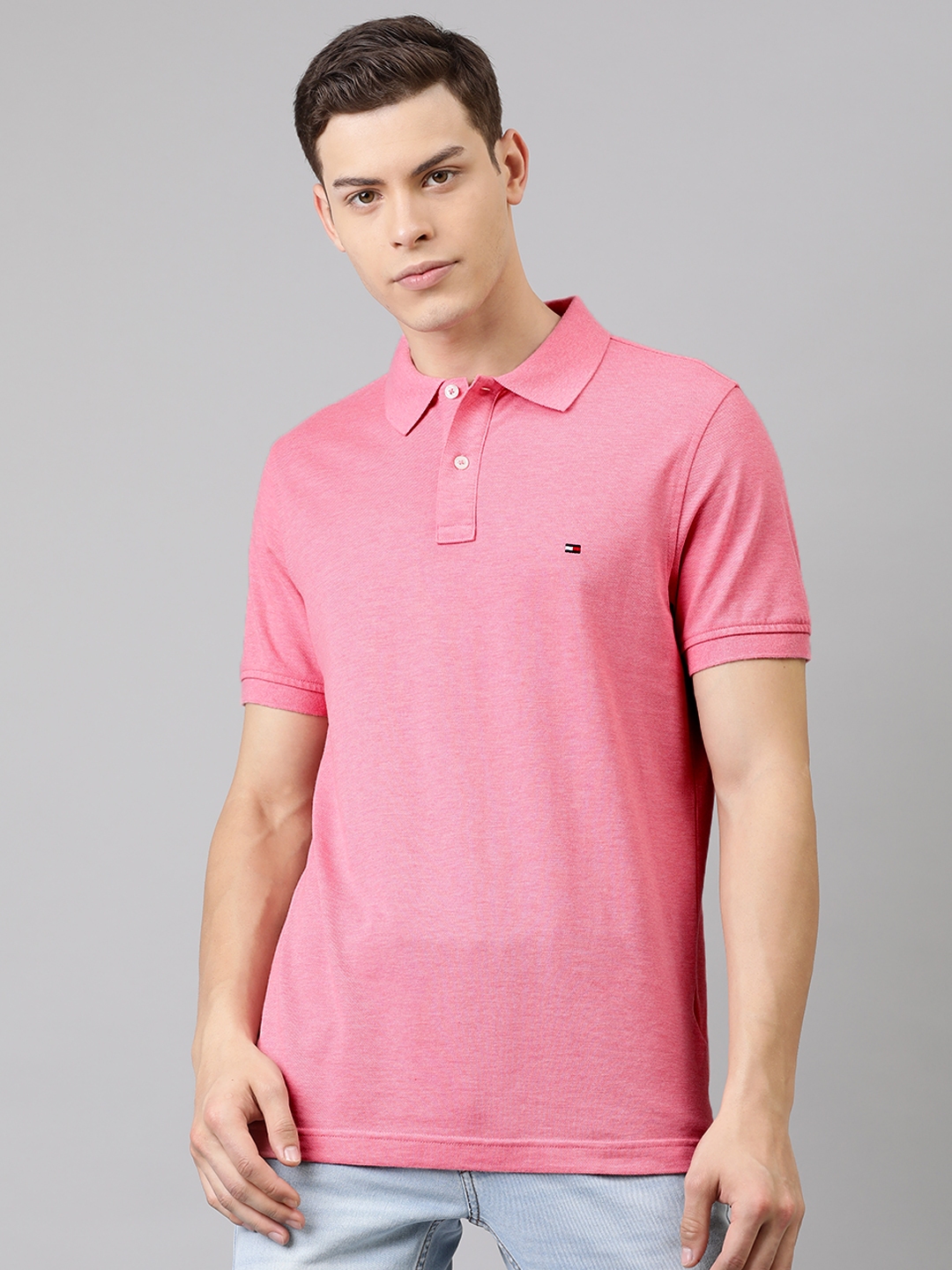 Buy Tommy Hilfiger Men Pink Solid Slim Fit Polo Collar Pure Cotton T ...