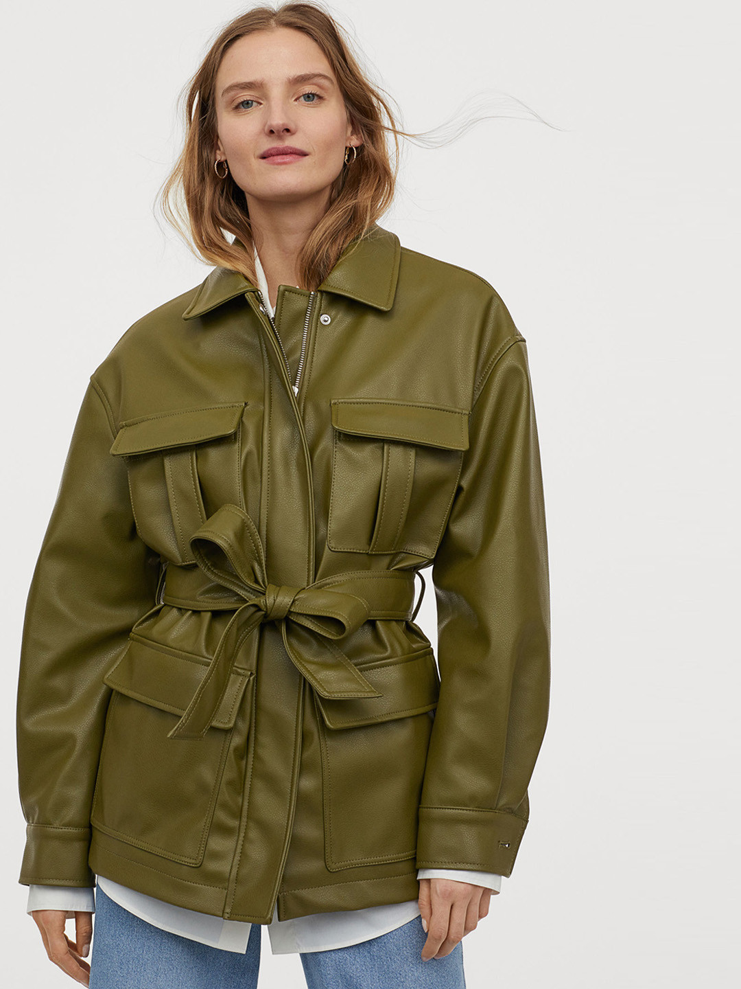 Buy H&M Women Olive Green Solid Imitation Leather Jacket Jackets for
