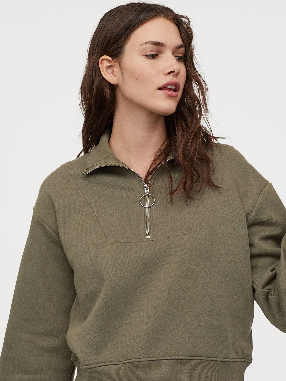 Buy H&M Women Olive Green Solid Sweatshirt With A Zip Sweatshirts for