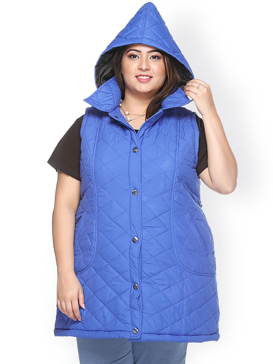 Buy PlusS Blue Sleeveless Hooded Jacket Jackets for Women 1165555