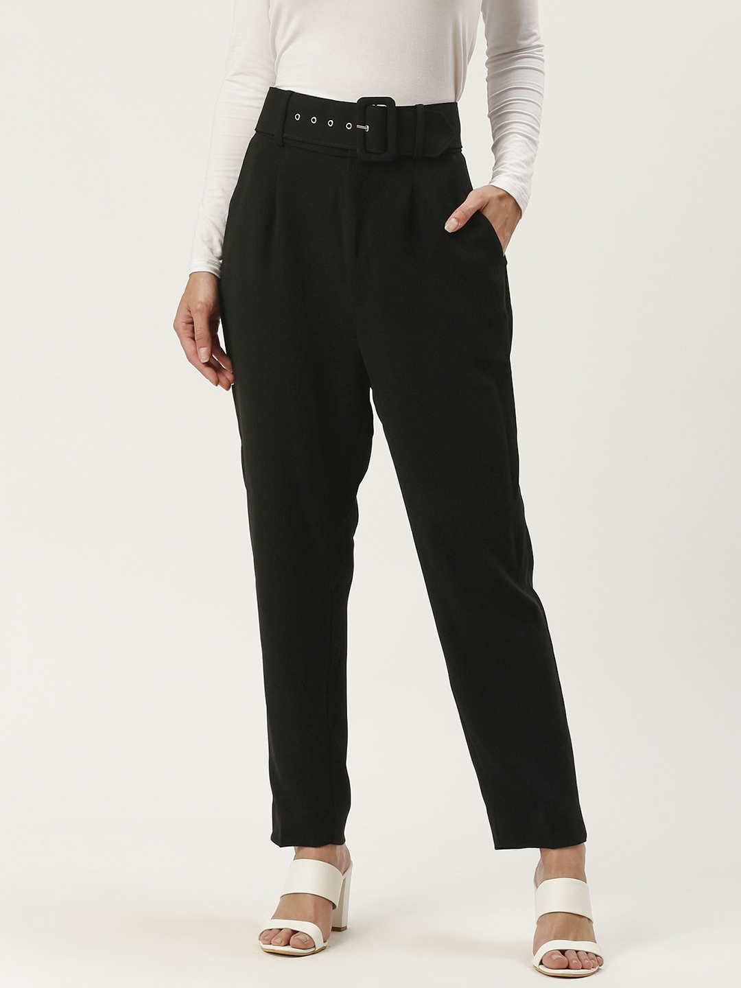 Buy MANGO Women Black Regular Fit Solid Cropped Trousers - Trousers for ...