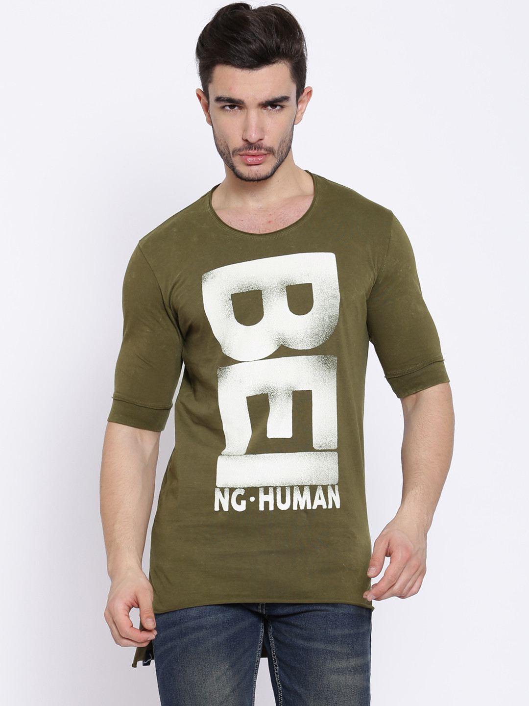 Buy Being Human Clothing Olive Green Printed Pure Cotton T Shirt