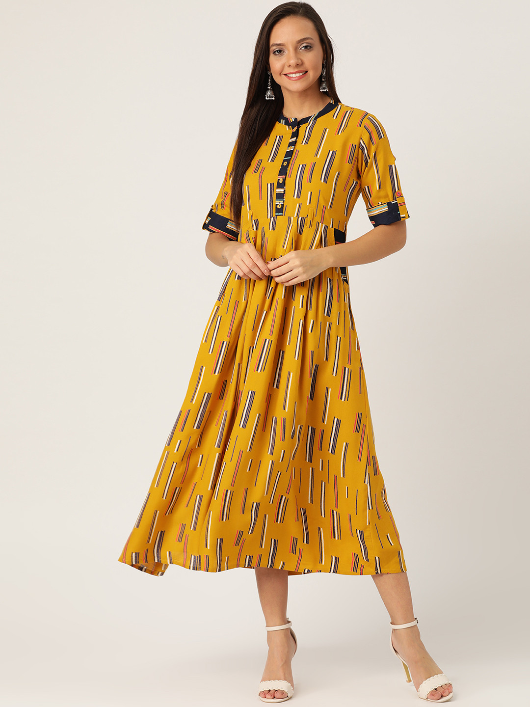 Buy RANGMAYEE Women Mustard Yellow & Navy Blue Printed A Line Dress