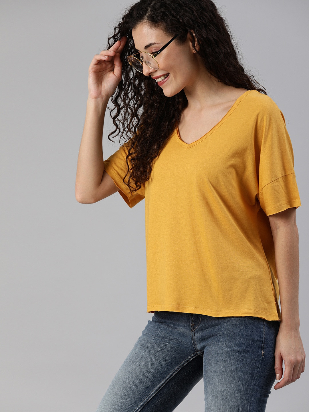 Buy Mast & Harbour Women Mustard Yellow Solid V Neck Sustainable T