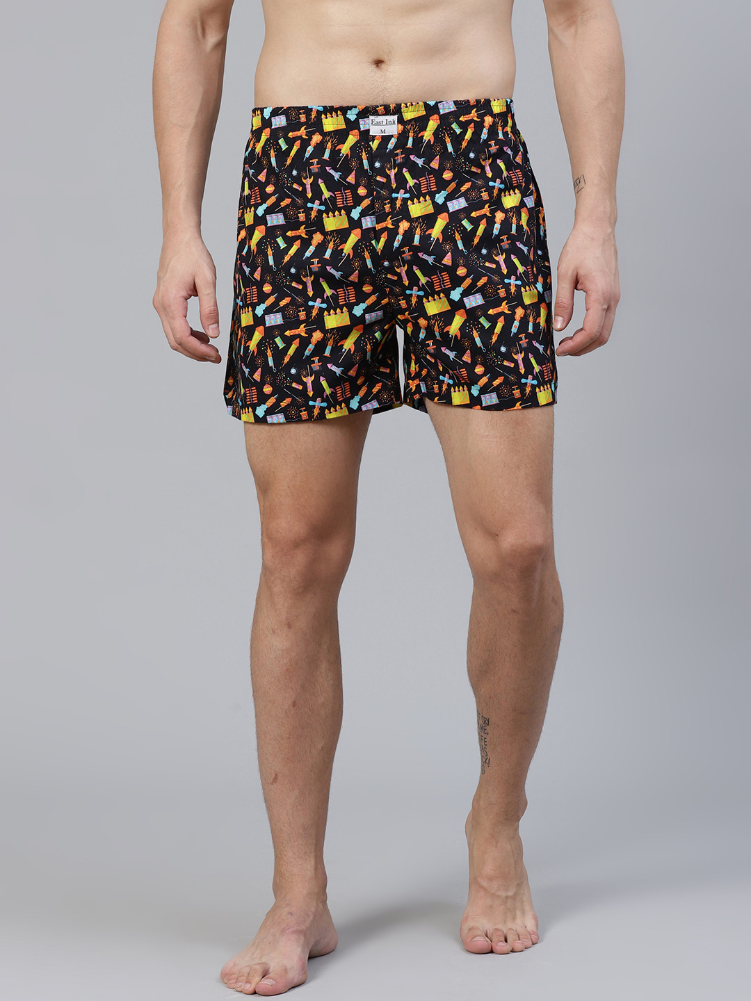Buy East Ink Men Black & Yellow Digital Quirky Print Pure Cotton Boxers
