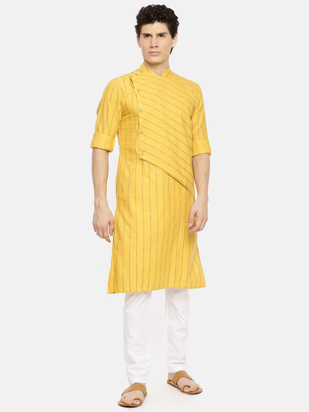 Buy Freehand Men Mustard Yellow Striped Straight Kurta Kurtas for Men