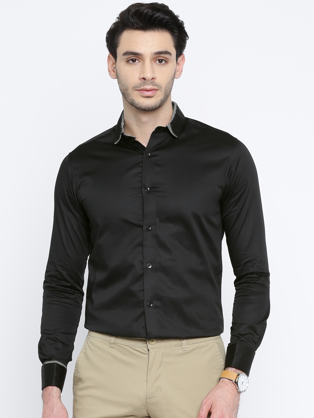 Buy Mufti Men Black Regular Fit Solid Casual Shirt - Shirts for Men ...