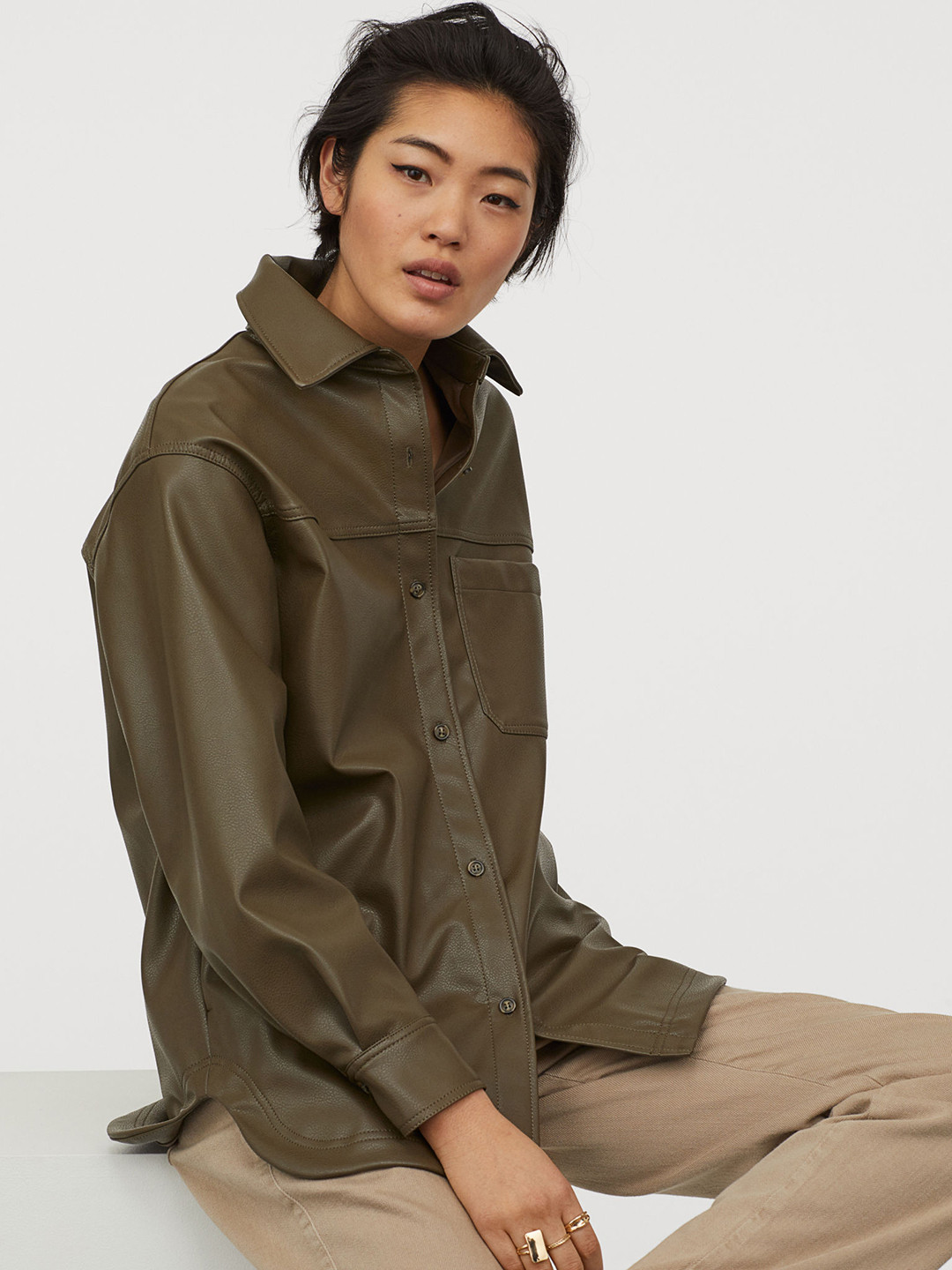 Buy H&M Women Green Solid Imitation Leather Shirt Jacket Jackets for