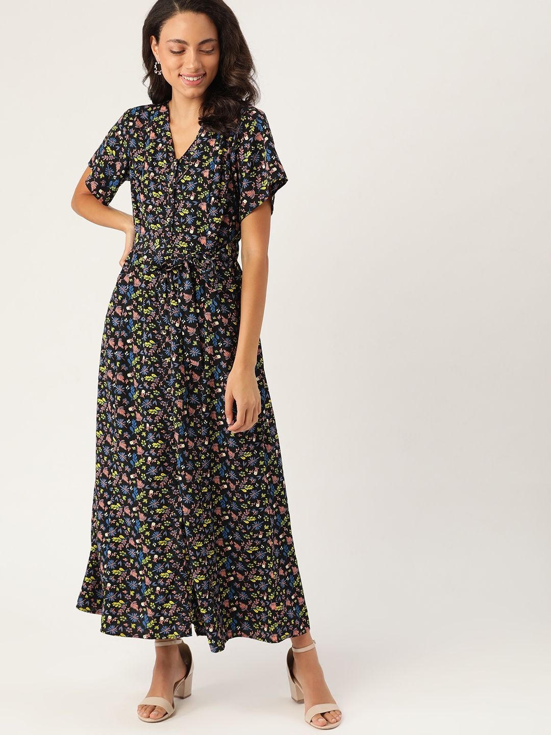 Buy Dressberry Women Blue And Pink Floral Print Maxi Dress With Belt Dresses For Women 11680720 
