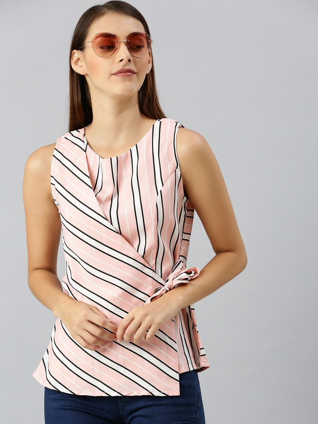 Black & Pink Printed Wrap Dress With Waist Tie-ups