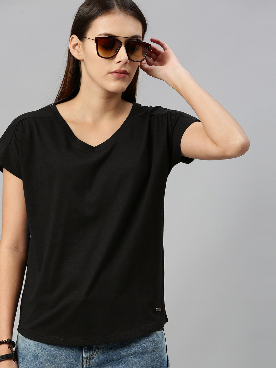 Buy Roadster Women Black V Neck Cotton Pure Cotton T Shirt - Tshirts ...