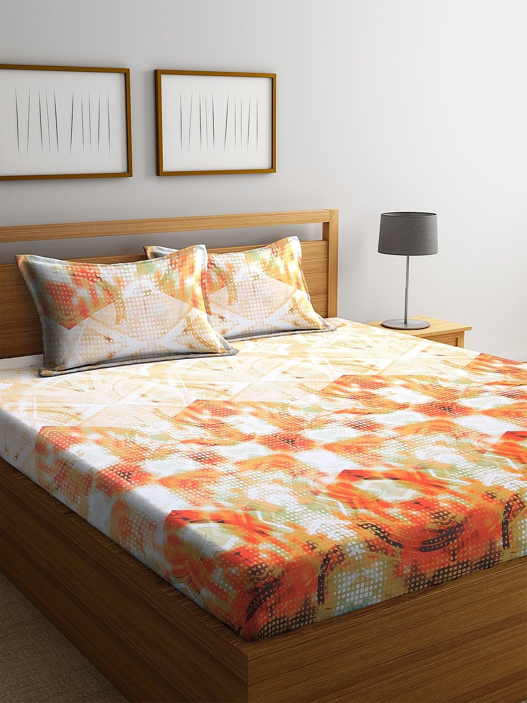 Buy BOMBAY DYEING Orange Abstract 144 TC Cotton 1 Queen Bedsheet With 2