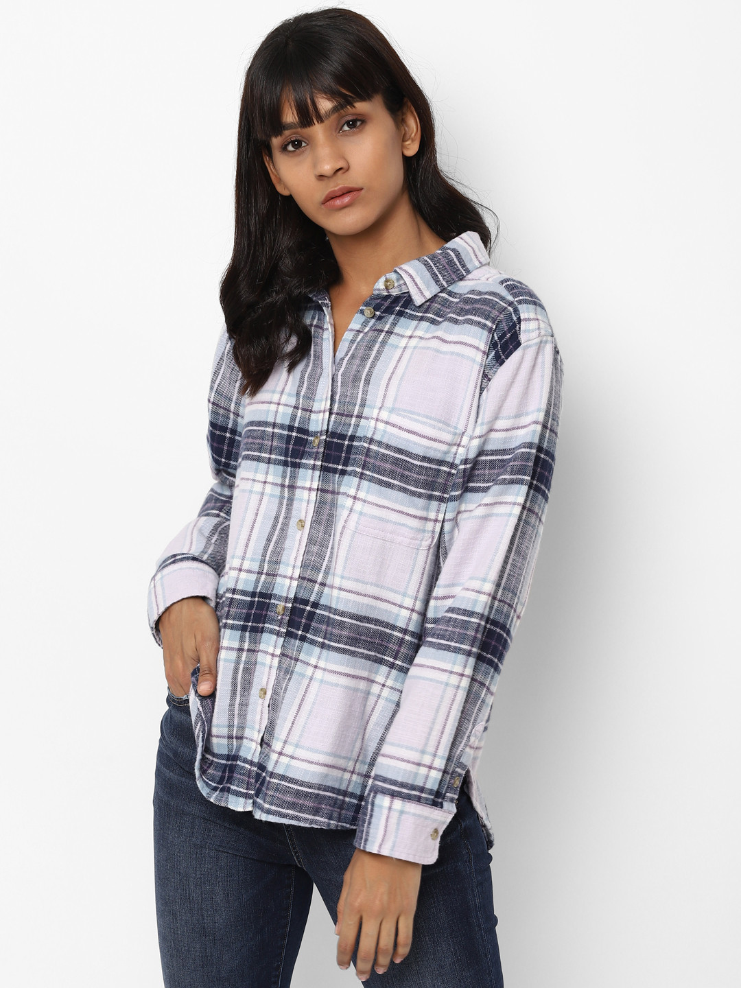 Buy AMERICAN EAGLE OUTFITTERS Women Purple & White Regular Fit Checked Casual Shirt - Shirts for 