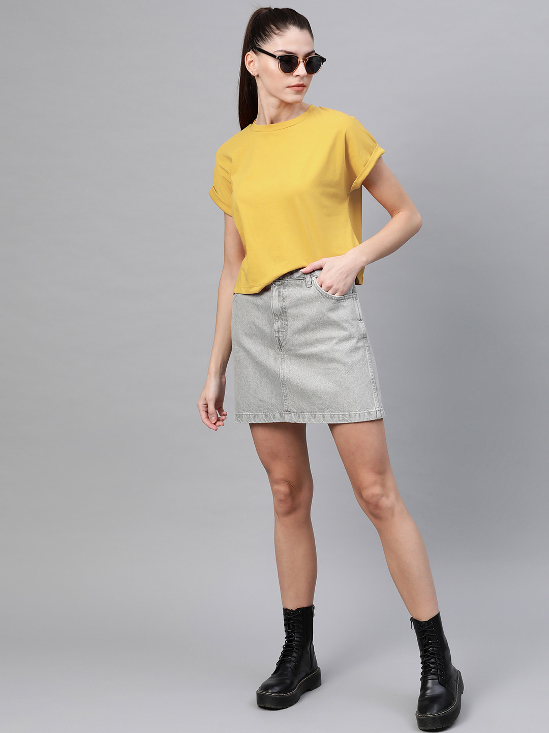 Buy Roadster Women Mustard Yellow Solid Round Neck Top Tops for Women