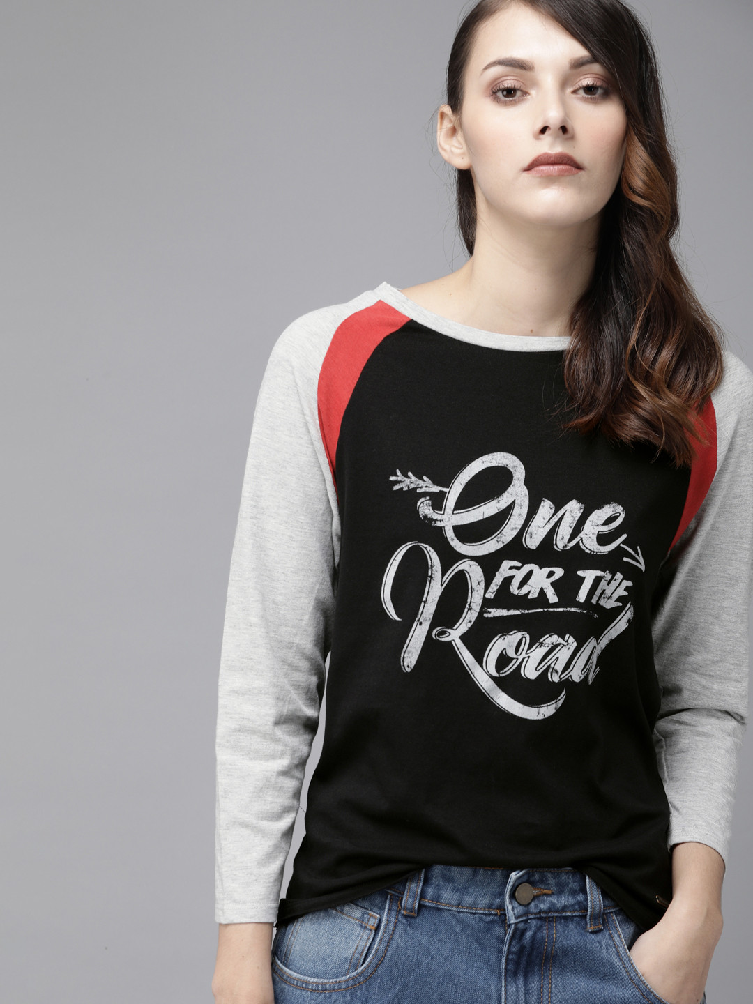 Buy Roadster Women Black Printed Round Neck Pure Cotton T Shirt With