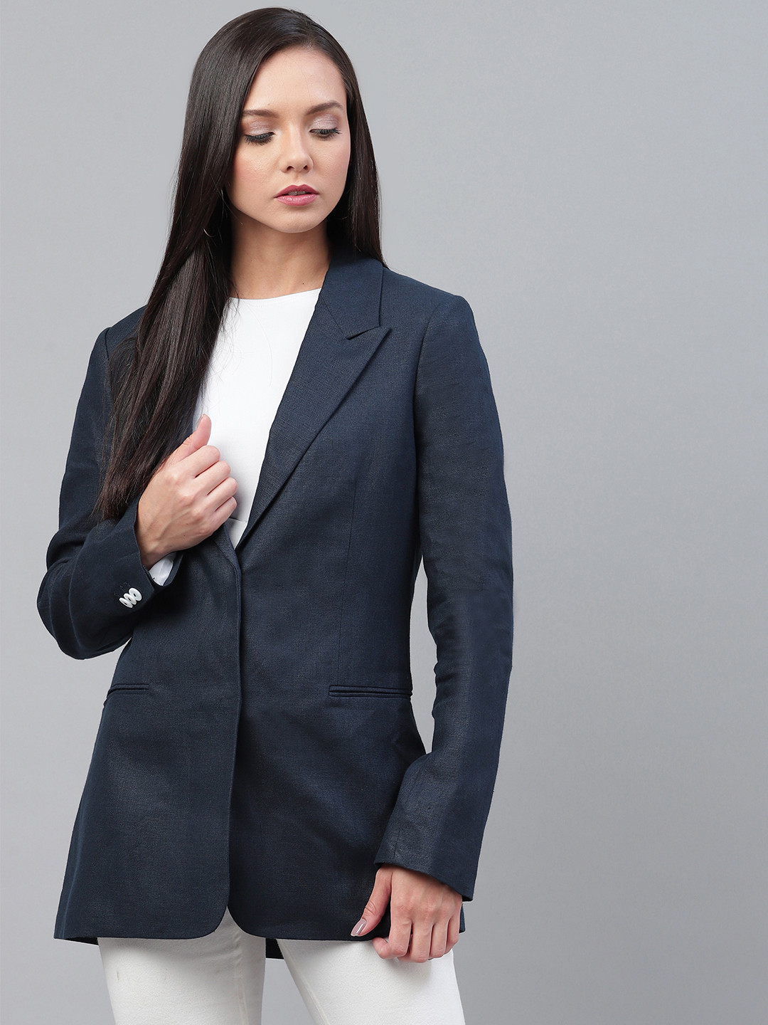 Buy Marks & Spencer Women Navy Blue Solid Single Breasted Formal Blazer