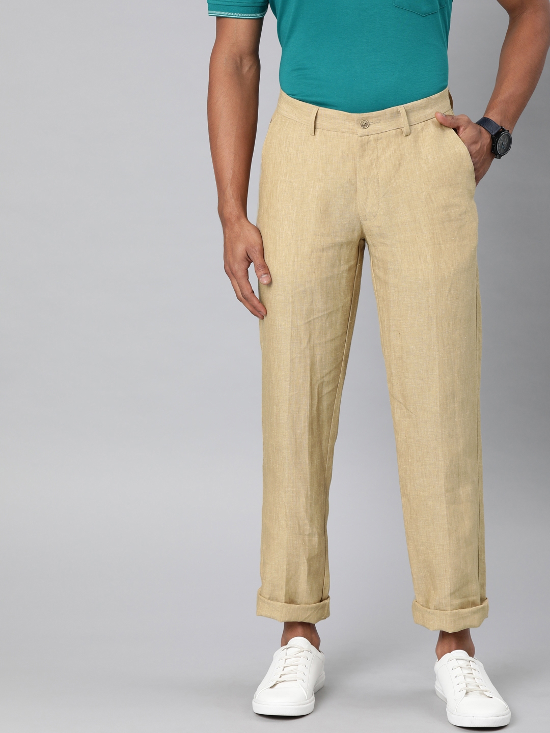 Buy Louis Philippe Men Khaki Slim Fit Solid Regular Linen Trousers ...