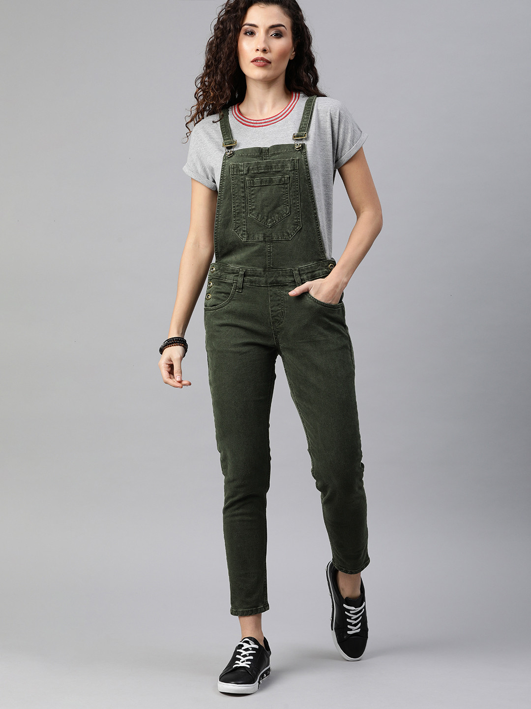 Buy Roadster Women Olive Green Solid Skinny Fit Dungarees Dungarees
