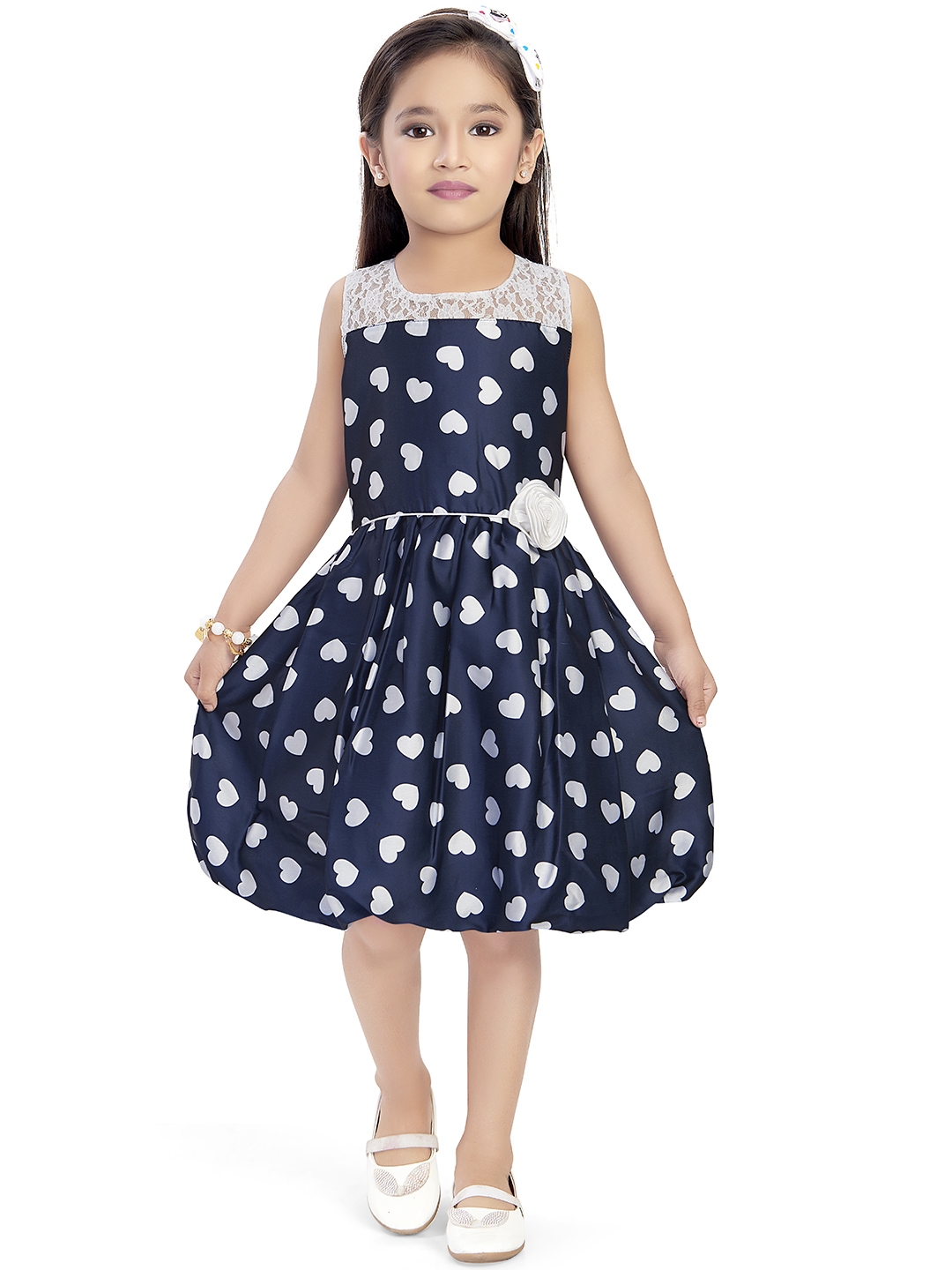 Buy Doodle Girls Navy Blue & White Heart Print Balloon Dress - Dresses ...