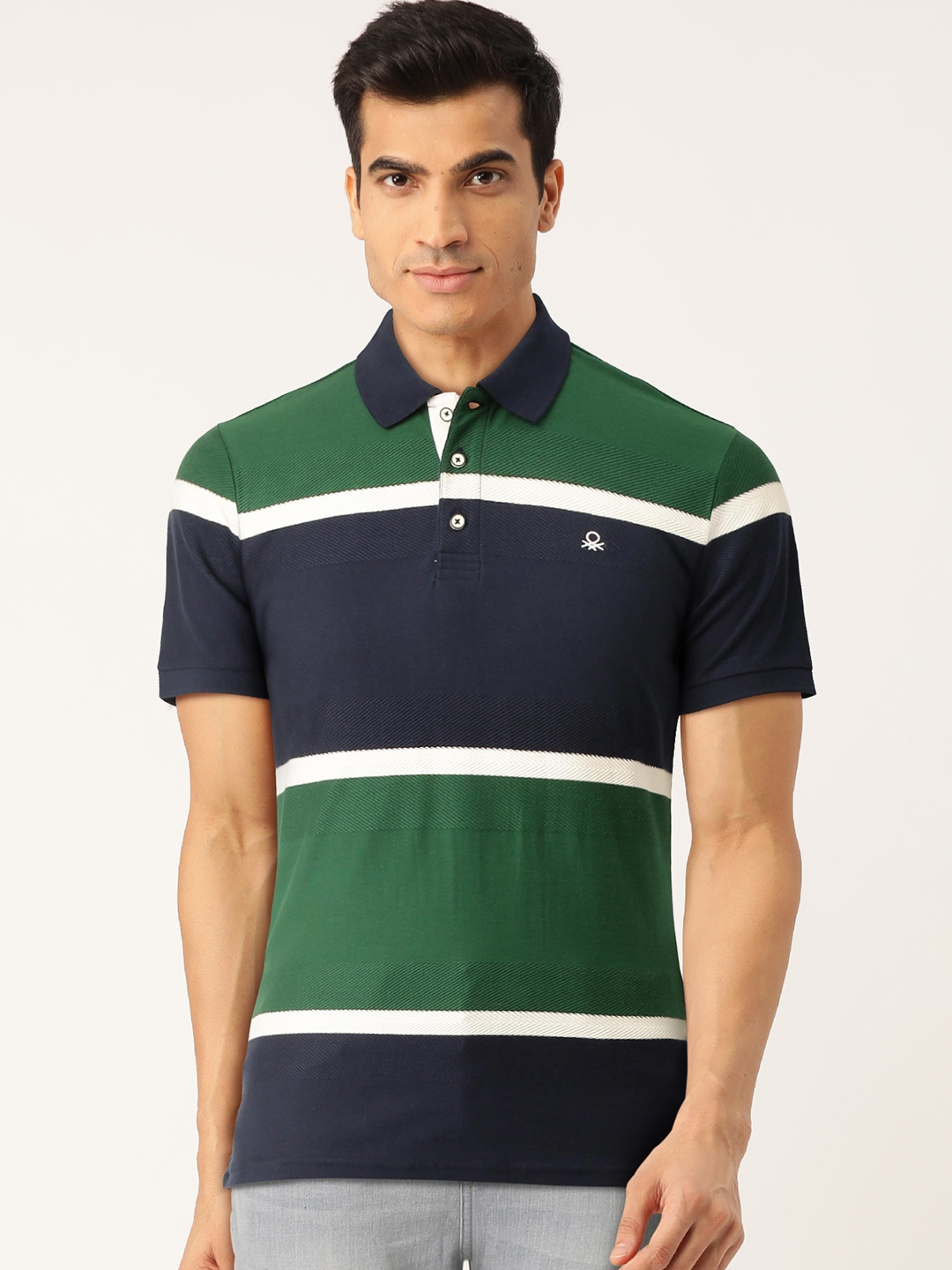 Buy United Colors Of Benetton Men Green & Navy Striped Polo Collar T 