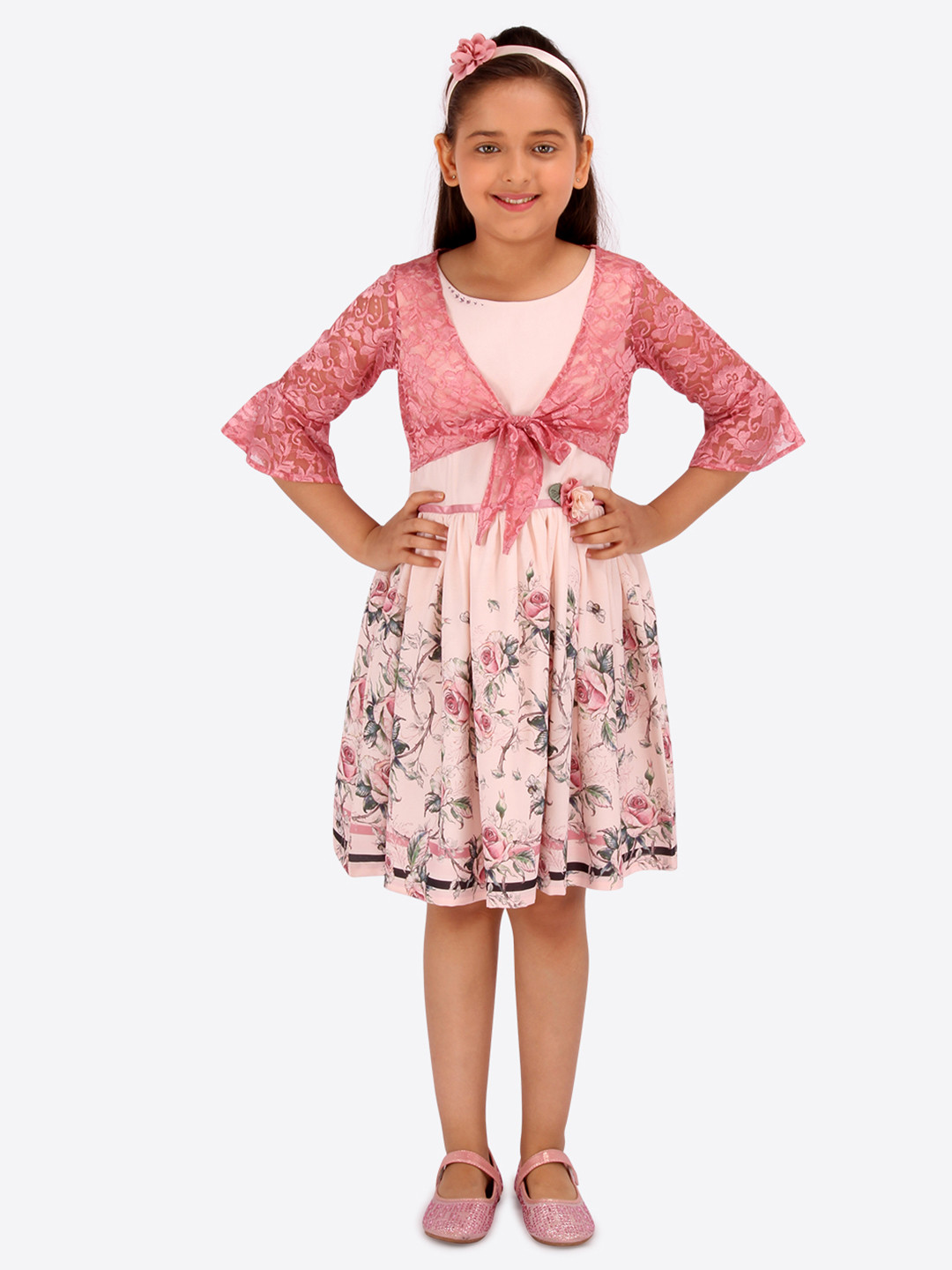 Girls Peach-Coloured Printed A-Line Dress