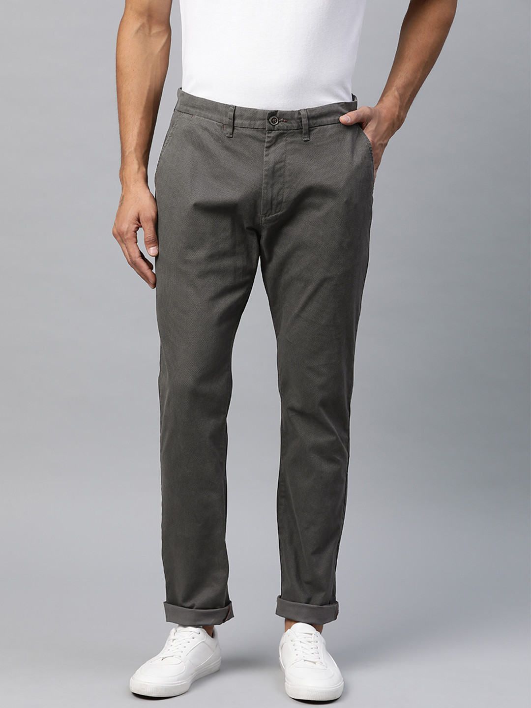 Buy Marks & Spencer Men Charcoal Grey Slim Fit Printed Regular Trousers ... image.