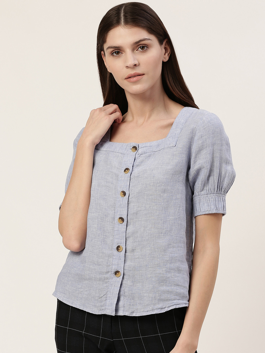 Buy Marks & Spencer Women Linen Blue Chambray Solid Top Tops for