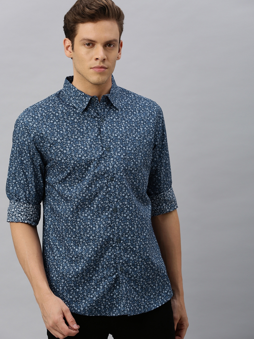 Buy Anouk Men Navy Blue & Grey Regular Fit Floral Printed Casual Shirt ...