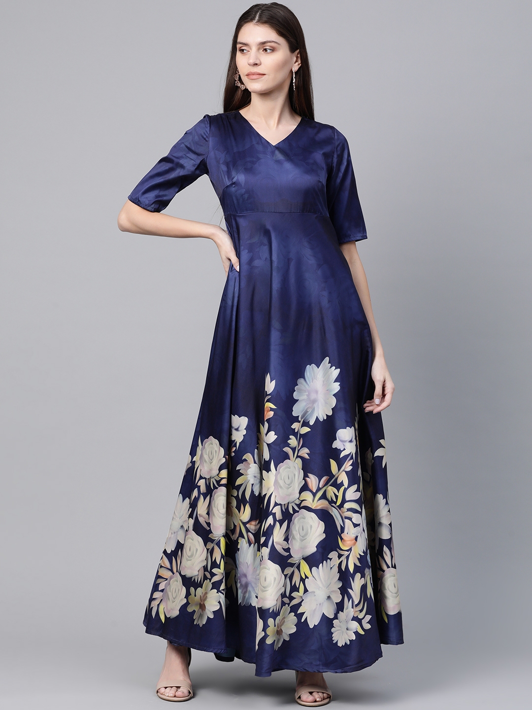 Buy Aks Women Navy Blue And White Digital Floral Print Maxi Dress Dresses For Women 11736064 5646