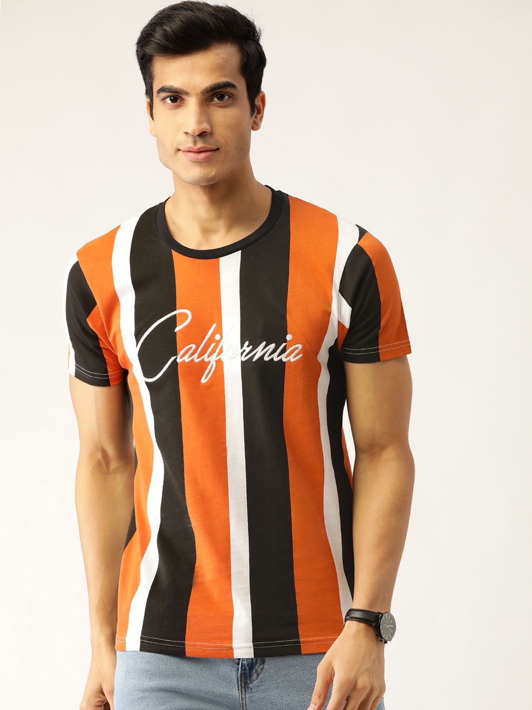 Buy Moda Rapido Men Orange Black Striped Round Neck Pure Cotton T Shirt Tshirts For Men 